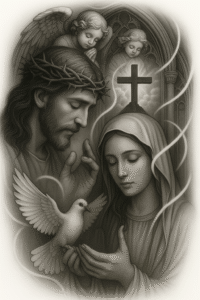 Black and grey tattoo idea: jesus with thorn crown praying beside mary beneath a cross, two angels above, and a dove in the foreground; perfect cover-up project.