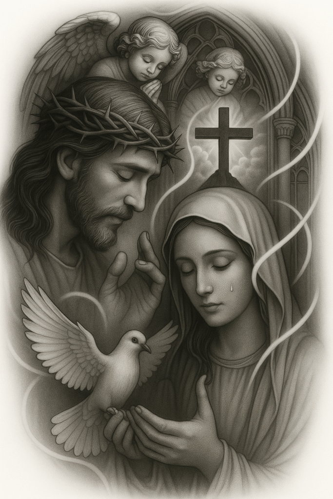 Black and grey tattoo idea: jesus with thorn crown praying beside mary beneath a cross, two angels above, and a dove in the foreground; perfect cover-up project.