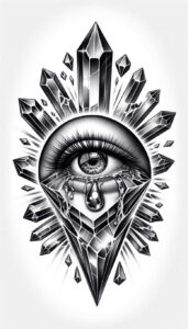 Eye, diamond, crystal shards, teardrop; black and grey; tattoo idea; cover-up suitable; pattern-heavy design.