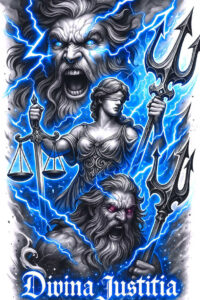 Scales and sword held by a grayscale armored woman, bearded god behind with a trident, blue lightning, AI-generated tattoo project, suitable for cover-up.