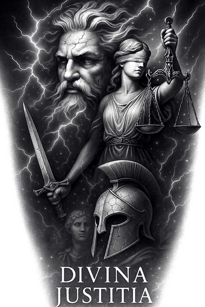 Goddess statue holding sword and scales, helmet, lightning in black and grey; tattoo project suitable for cover-up.