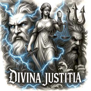 Goddess, scales, sword, lightning, trident, head, wave; black and grey; tattoo project, cover-up suitable; pattern.