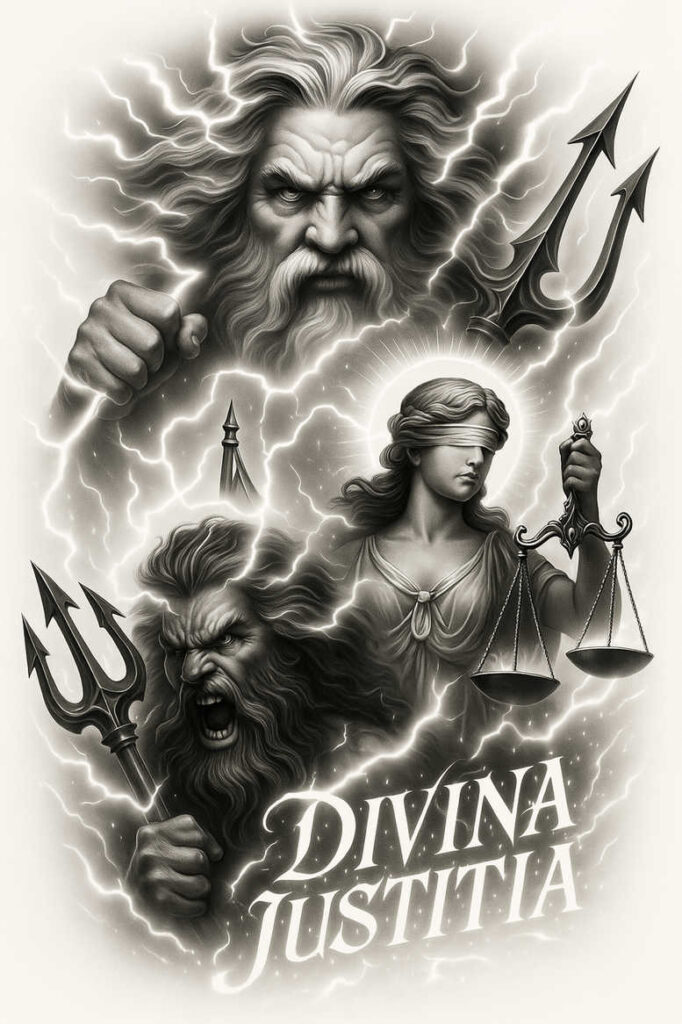 Black and grey tattoo project generated by AI: goddess and man with scales, trident, halo, blindfold, and lightning; suitable for a cover-up.