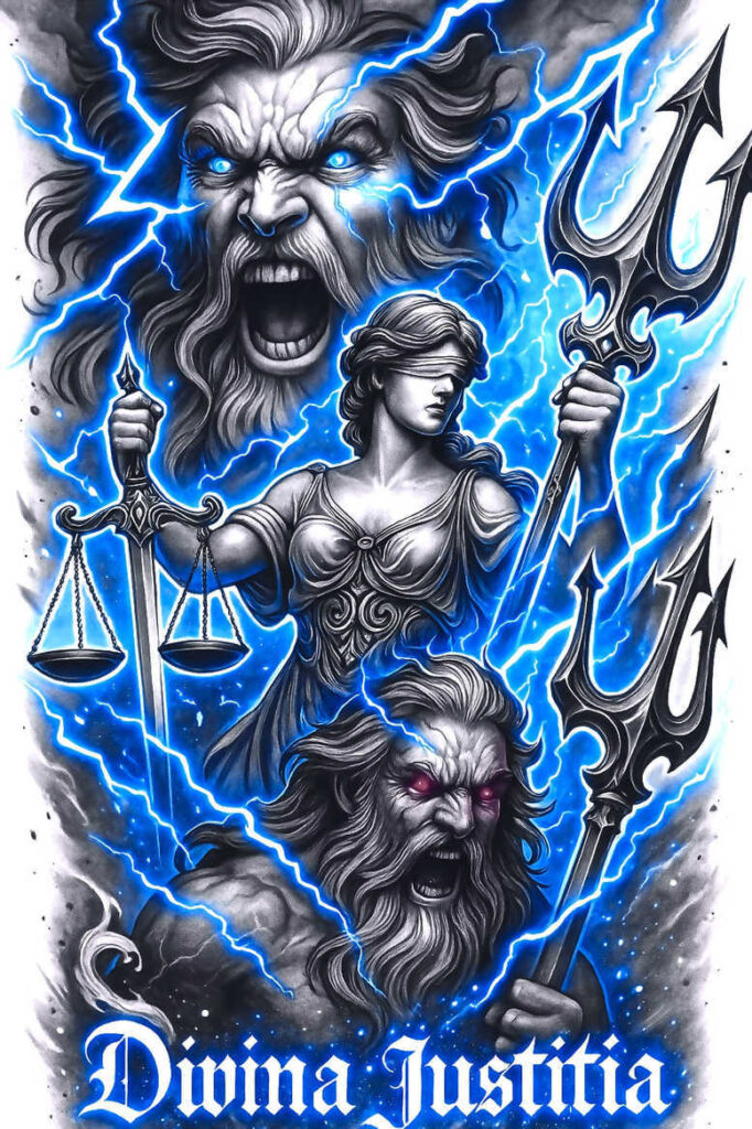 Woman holding scales and trident, shadowed bearded figure behind, electric blue lightning, black and grey shading; AI-generated tattoo project; cover-up suitable.