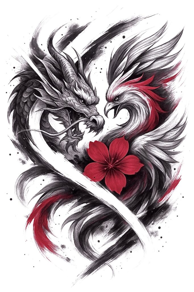 Dragon (black and grey) and phoenix (black and grey with red accents) swirl around a red hibiscus flower; AI-generated tattoo project; ideal cover-up.