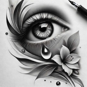 Eye, teardrop, flower, and leaves in black and grey; AI-generated tattoo project, suitable for cover-up.