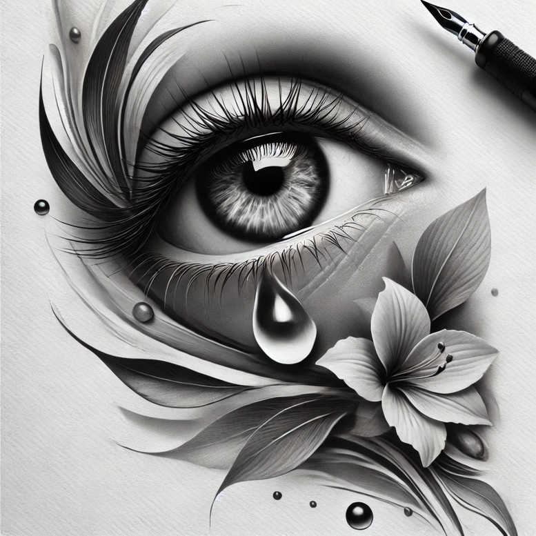 Eye, teardrop, flower, and leaves in black and grey; AI-generated tattoo project, suitable for cover-up.