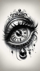 Eye and clock center with filigree ornament and teardrops, in black and grey; a tattoo project, ideal for a cover-up, pattern.