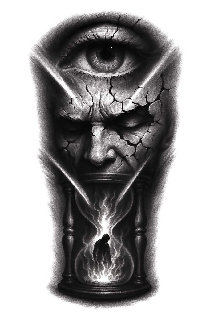 Eye, hourglass, flame, silhouette; black and grey; project; cover-up suitable.