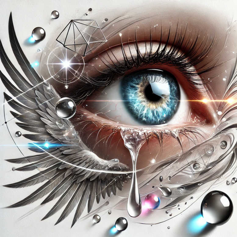 Eye with blue iris and brown eyelid, grayscale wings, geometric wireframes, droplets and orbs; AI-generated tattoo project; color image, not a cover-up.