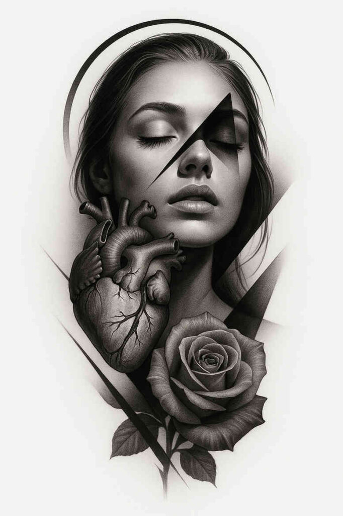Black and grey tattoo design: a woman's face with a hand and rose; project idea; cover-up suitable.