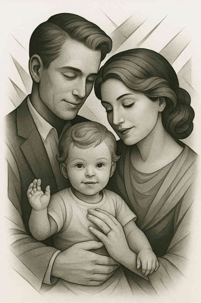 Black and grey portrait of man, woman, and baby; tattoo design concept, an idea for a family-themed project.