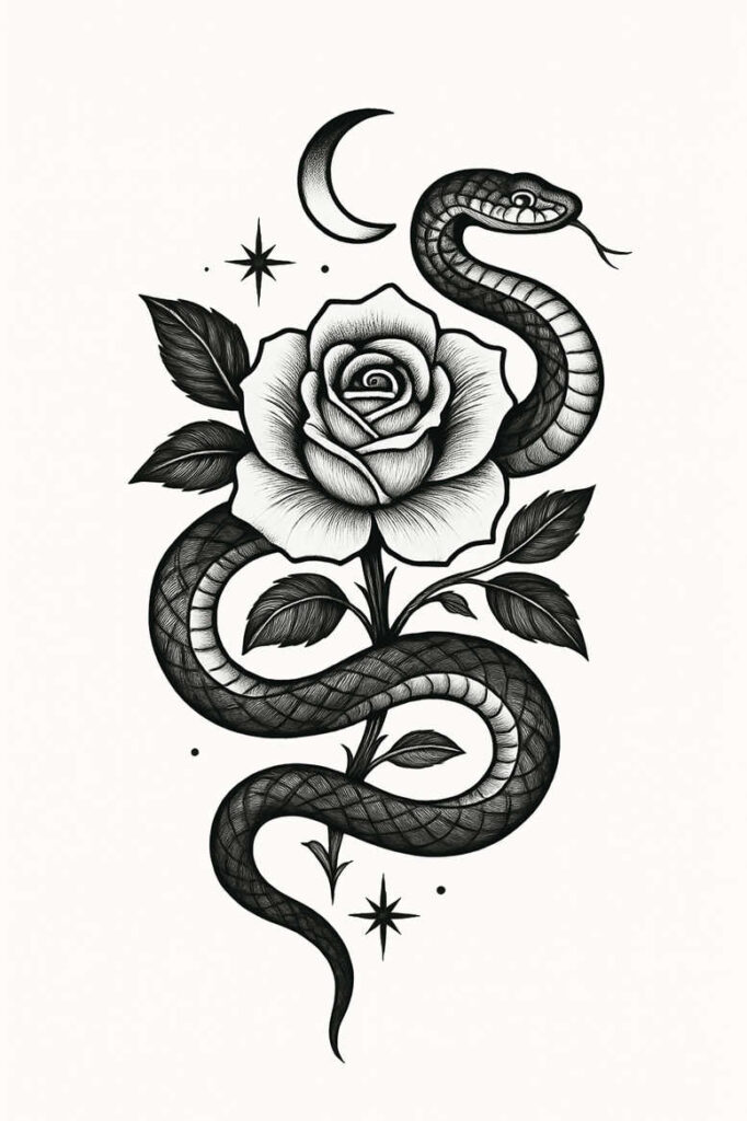 Rose and snake tattoo design in black and grey; coiled snake around a blooming rose with leaves; project idea; suitable for cover-up.