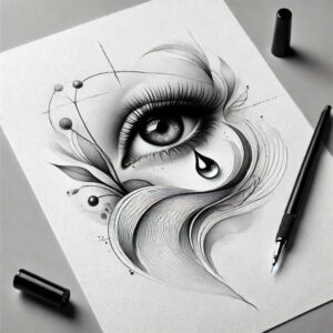 Eye, teardrop, swirl, and leaf motifs on white paper with a pen in black and grey ink; AI-generated tattoo design concept; not a cover-up; pattern.
