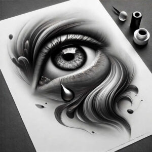 Eye, teardrop, swirl, paper, and ink bottle in black and grey; AI-generated tattoo project; cover-up capable.