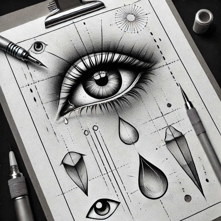 Black and grey eye with teardrops, diamonds, and geometric lines on a sketch page; pencil and drafting tools nearby; project design, suitable for a cover-up.