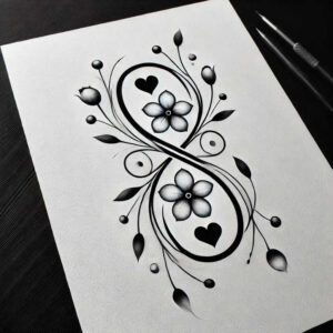 Black and grey floral infinity knot with two flowers, hearts, stems and leaves in fine-line tattoo style; AI-generated tattoo project; cover-up ready.