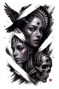 Two grayscale faces merged with geometric tattoo patterns, a skull, and a raven wing across the composition; black and grey; tattoo project; cover-up-ready.