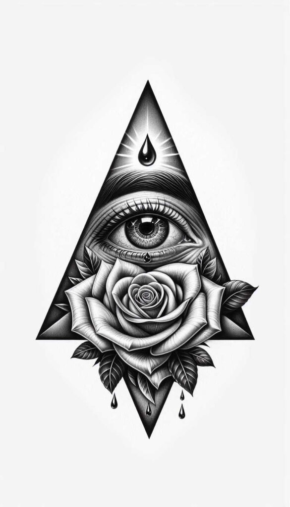 Eye, triangle frame, rose with leaves; black and grey; AI-generated tattoo project; suitable for cover-up.
