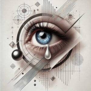 Blue eye with teardrop and geometric black-and-grey lines; AI-generated tattoo project; not intended for cover-up.