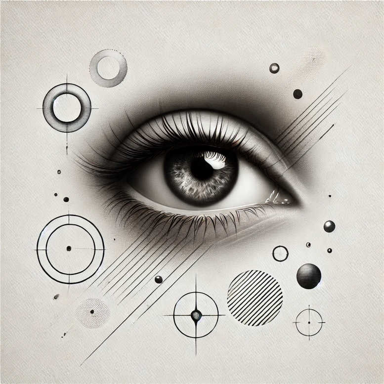 Eye in black and grey with circles, rings, lines, and dots; tattoo project idea; suitable for a cover-up.