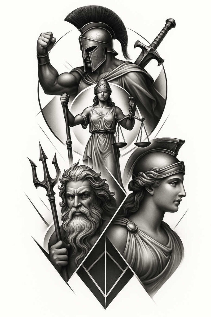 Helmeted Spartan warrior, scales of justice, trident, sword, and goddess figure in black and grey with geometric patterns; AI-generated tattoo project; cover-up-ready.