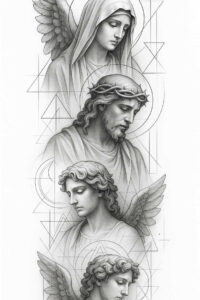 Angels, wings, halos, robes, crown of thorns, circles, triangles, and geometric lines; black and grey; project; cover-up potential: yes