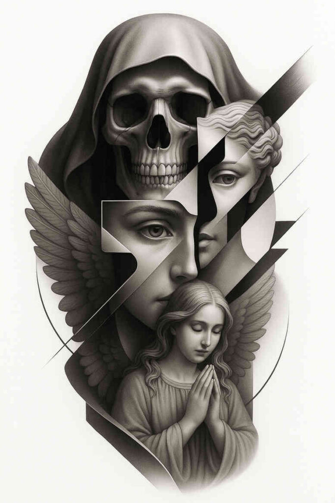 Black-and-grey tattoo idea showing a hooded skull, wing, a woman's face, and a praying girl; grayscale concept for a cover-up.