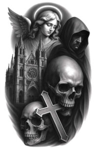 Black-and-grey tattoo design featuring cathedral, skull, cross, angel, and hooded-figure; a dark AI-generated project suitable for cover-up.