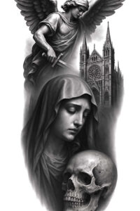 Black and grey tattoo design concept: angel with sword over a Gothic cathedral, veiled nun, and skull; AI-generated tattoo project; perfect for a cover-up.