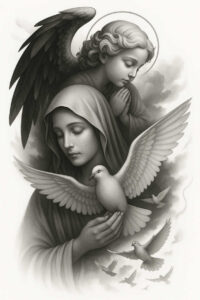 Black and grey illustration of a veiled woman cradling a dove, with an angel behind and a halo; AI-generated tattoo project; cover-up suitable.