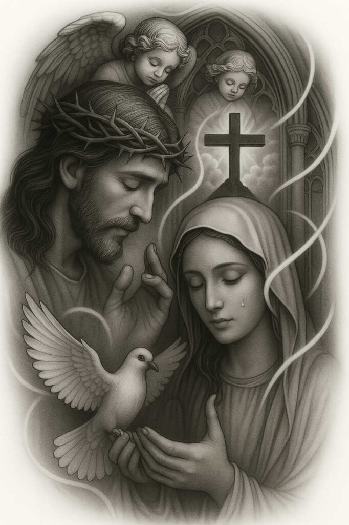 Grayscale scene with Jesus wearing a crown of thorns and Mary, tear on her cheek, a dove in the foreground, cross and angels in the background; black and grey tattoo project; ideal cover-up.