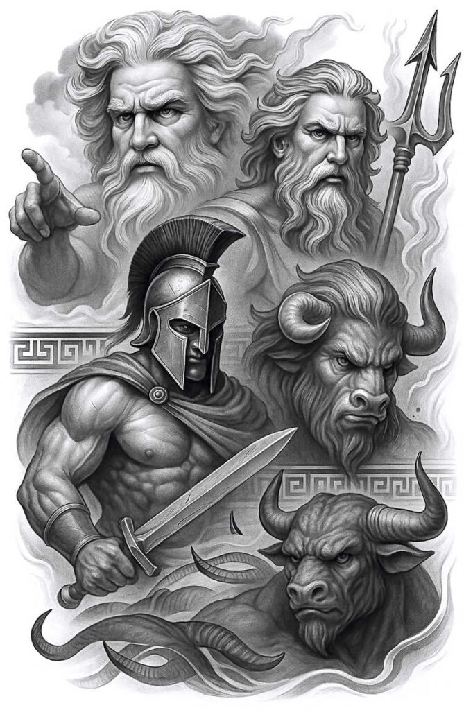 Two old men with beards behind a muscular warrior in a crested helmet with a sword, and a horned bull; black and grey; tattoo design project; not ideal for cover-up.