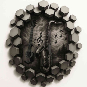 Guitar, saxophone, treble-clef, and musical notes in black-and-grey tones; tattoo idea for cover-up, AI-generated project.