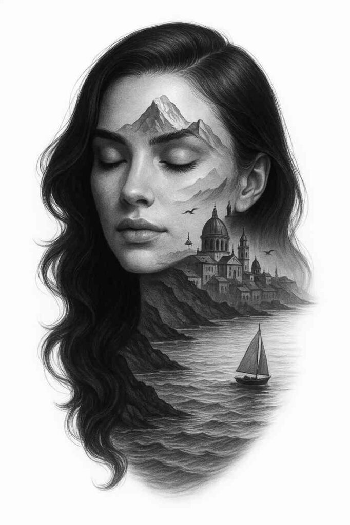 Black and grey portrait with mountains, harbor city, and sailboat overlay; cover-up-ready tattoo design.
