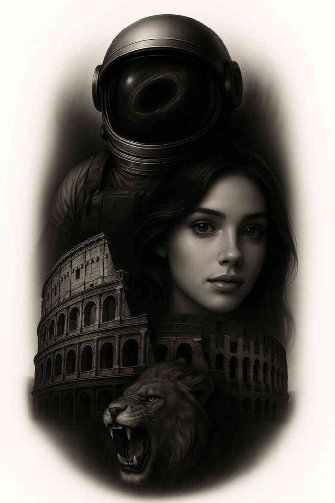 Helmet, woman portrait, colosseum, and lion in black and grey; tattoo design idea; perfect for cover-up.