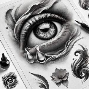 Eye with teardrop accents, flower, swirl, ink bottle, and pen in black and grey; cover-up ready tattoo design idea.