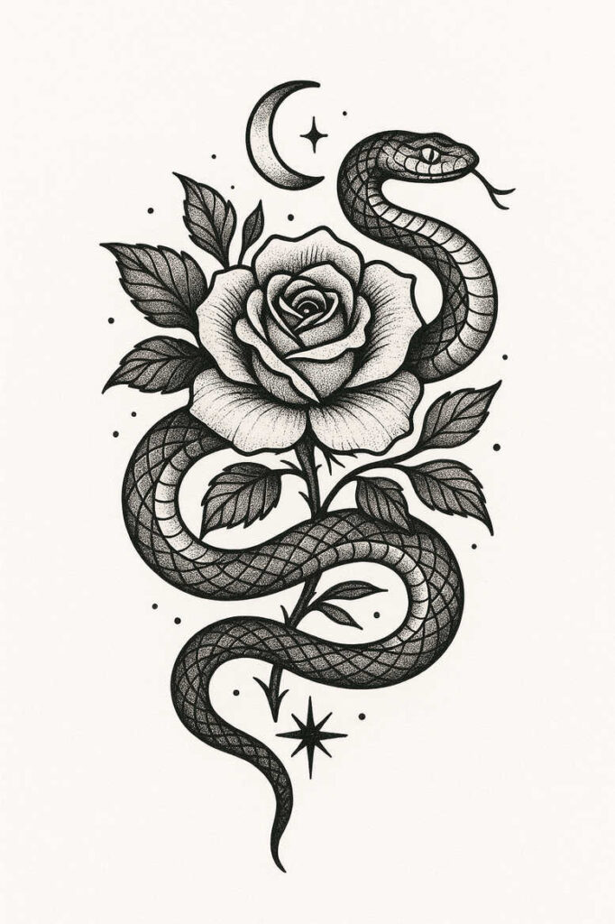 Rose and snake tattoo design in black and grey with leaves, crescent moon, and stars; a tattoo design idea; not ideal for a cover-up.