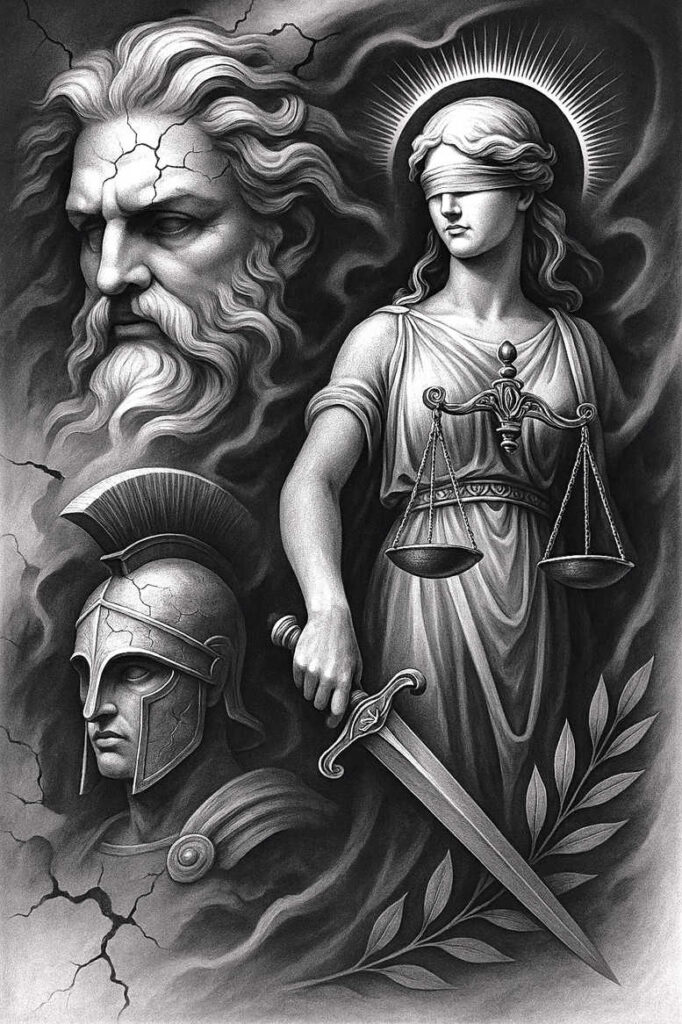 Grayscale scene of a blindfolded Justice statue with scales, sword, helmeted figure, bearded background, olive branch, and cracked stone textures; AI-generated tattoo project; cover-up-ready.
