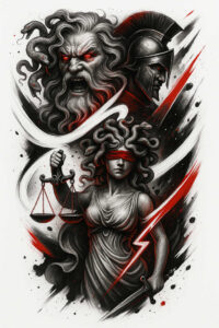 Black and grey tattoo design with a blindfolded woman, scales and sword, snakes in her hair, and two heads behind; red accents; AI-generated cover-up project.