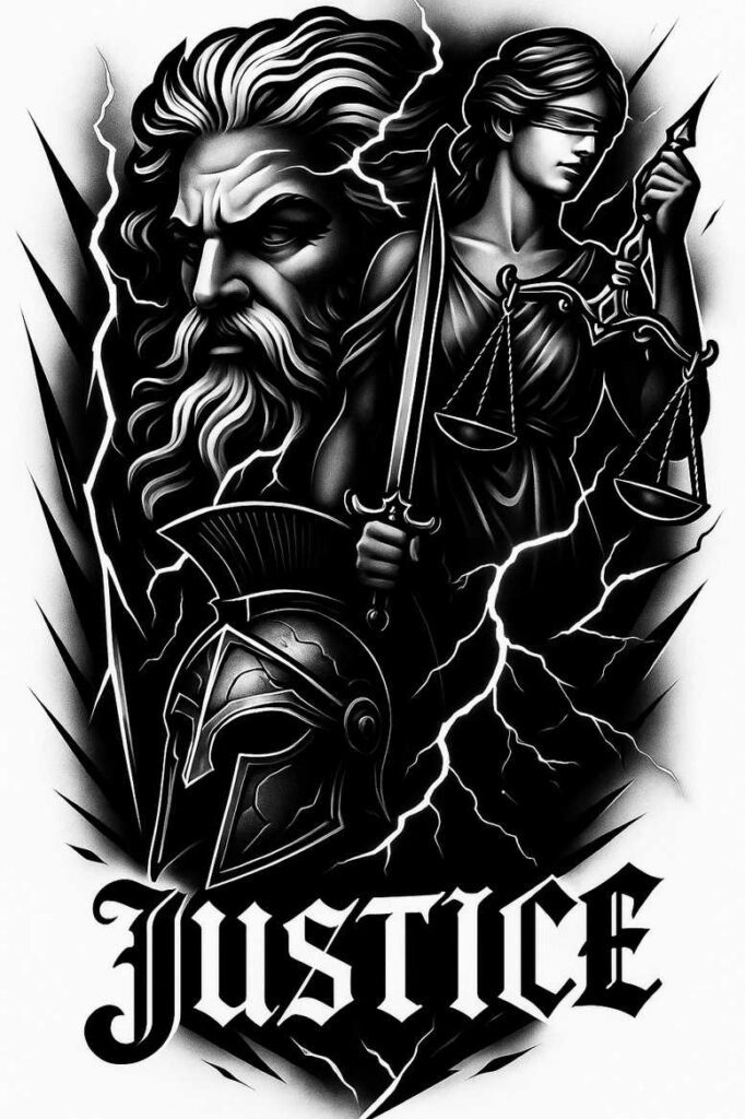 Black and grey justice figure holding a sword and scales, with a helmet near the base, lightning bolts, and the word JUSTICE at the bottom; a cover-up ready tattoo project.
