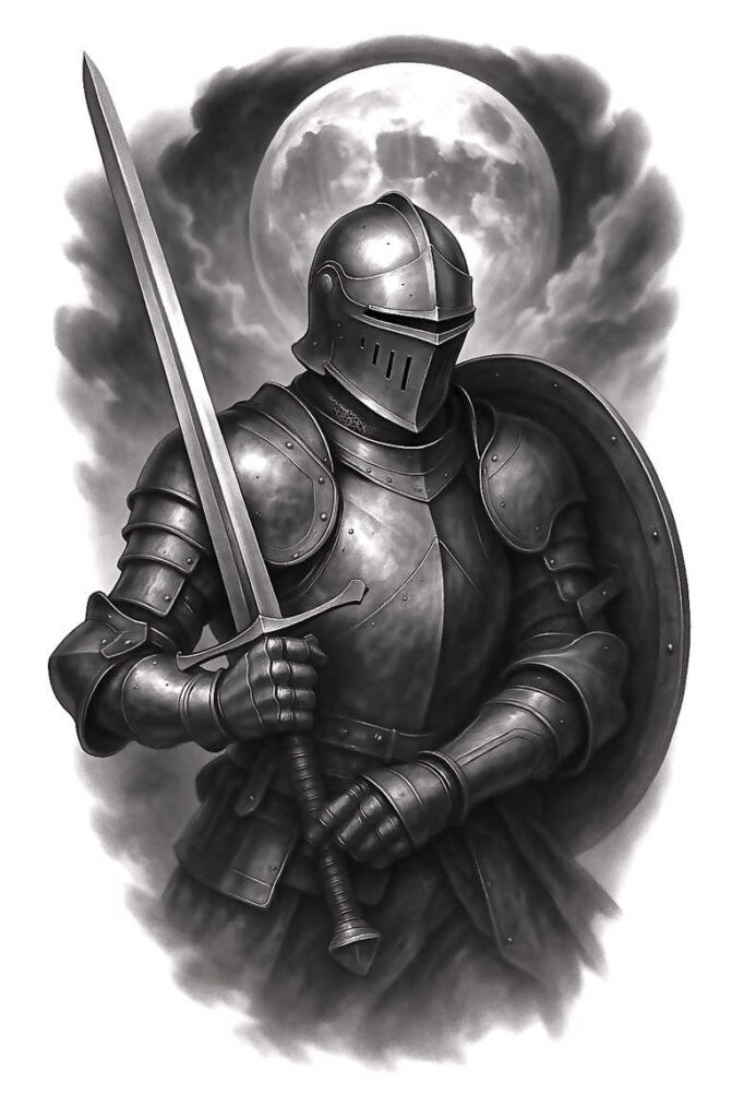 Black and grey knight armor with sword and shield under a moon and clouds; tattoo project, cover-up suitable.