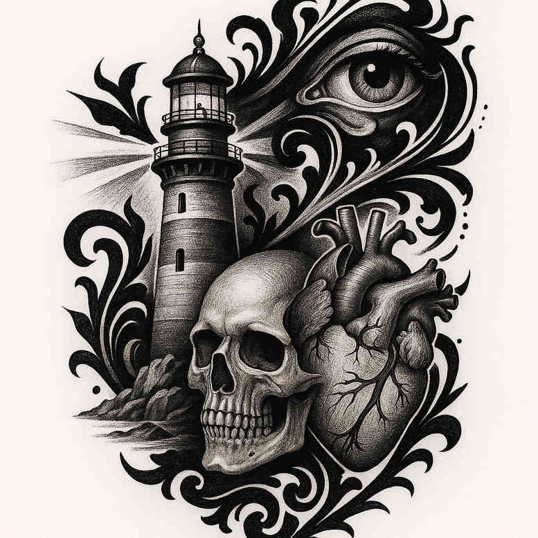 Black and grey tattoo design concept with lighthouse, skull, and heart surrounded by ornate swirls; AI-generated tattoo project, ideal for cover-up.