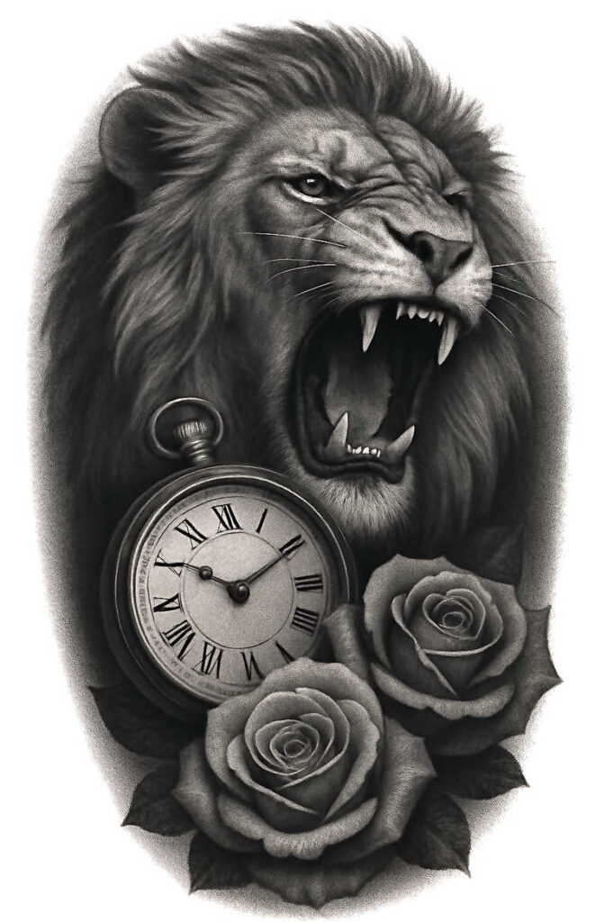 Black and grey tattoo design featuring a roaring lion, an antique pocket watch, and two roses; a bold project idea, suitable for cover-up.