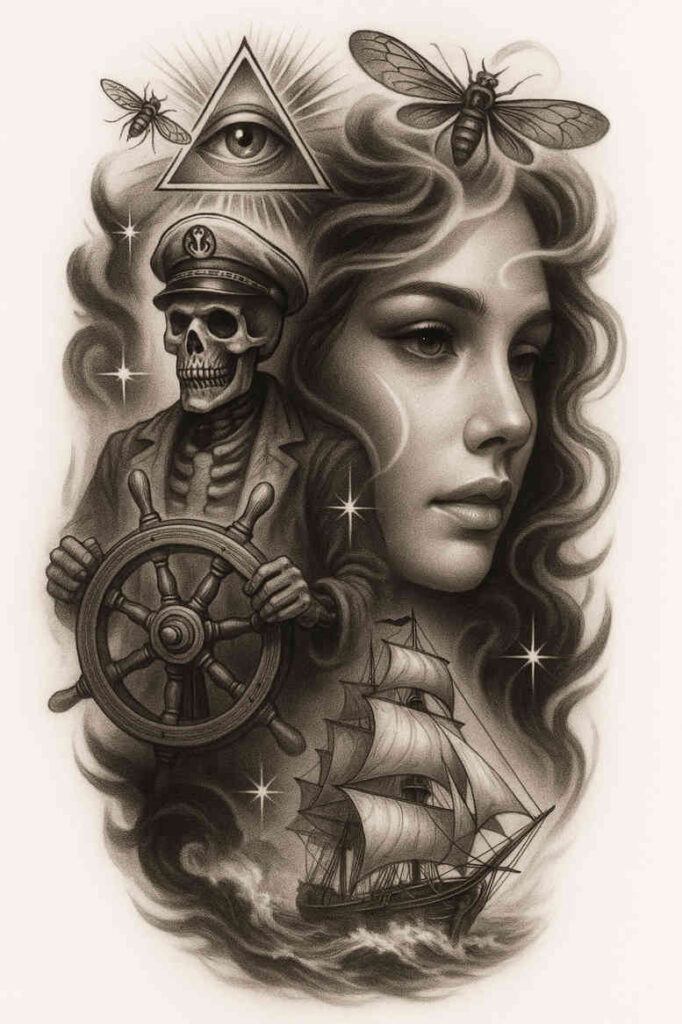 Black and grey tattoo design idea: a woman's profile with a skull captain at the helm, a ship wheel, sailing ship, an all-seeing eye within a triangle, a bee, and crashing waves. Cover-up ready.