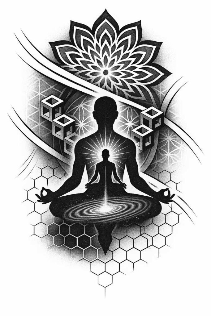 Silhouette of a meditating figure in black and grey, with a lotus mandala above, spiral halo at the chest, hexagon grid and floating cubes; AI-generated tattoo project; cover-up ready.