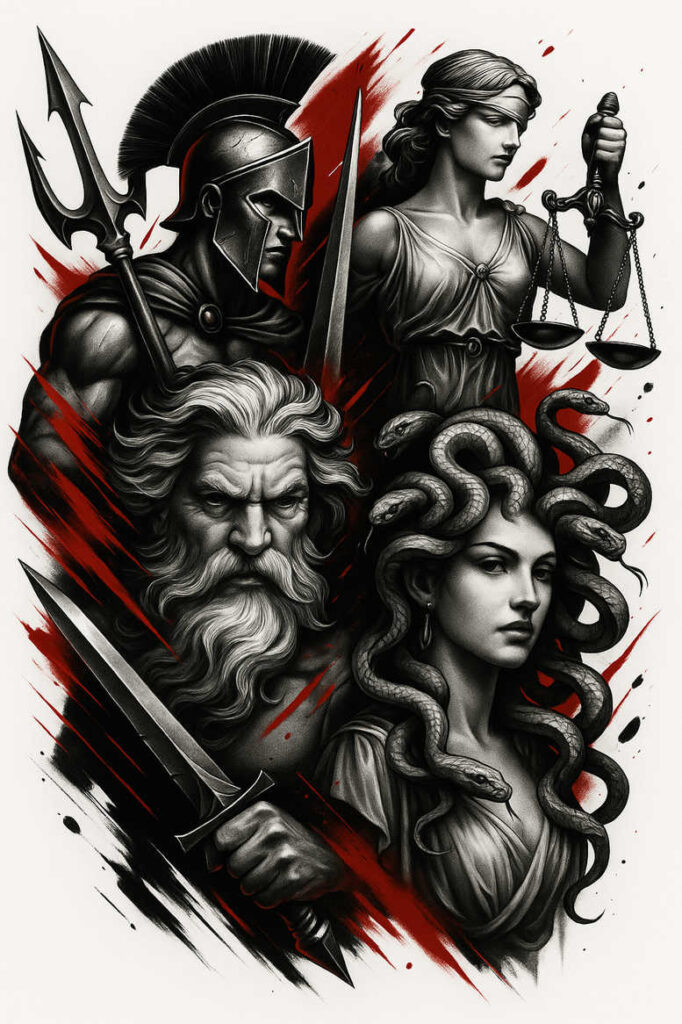 Medusa with snake hair in black-and-grey, beside a knight and an old man with a sword, scales of justice on a female figure, set against red brush strokes; AI-generated tattoo project; suitable for cover-up.