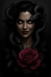 Medusa-inspired portrait with face, snakes, and a red rose in black-and-grey; tattoo idea perfect for cover-up (AI-generated).