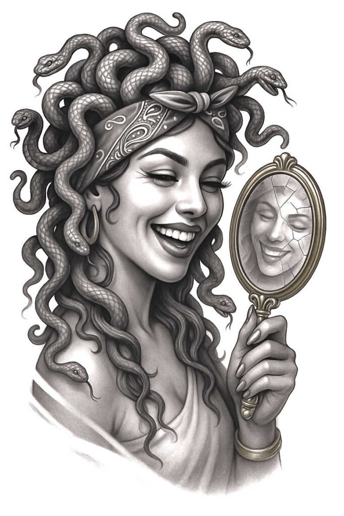 Black and grey Medusa portrait with coiled snakes, bandana, mirror, hoop earring, and bracelet; tattoo design idea, AI-generated, cover-up-ready.