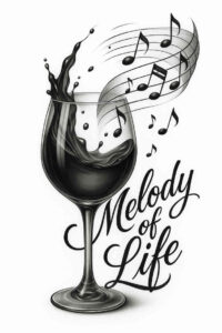 Black and grey wine glass with splash morphing into musical notes and Melody of Life script; tattoo design idea.